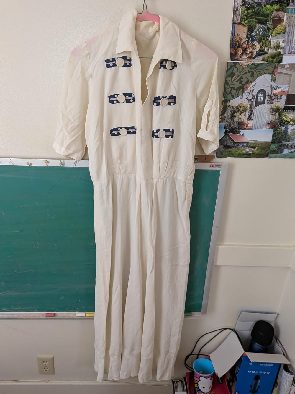1940s Vintage Rayon White Button-Accent Maxi Dress